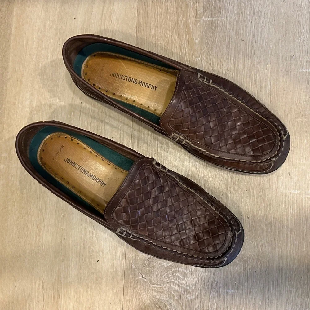 Johnston & Murphy Mens Woven Leather Loafers Brown Driving Mocs Size 10.5 Preppy